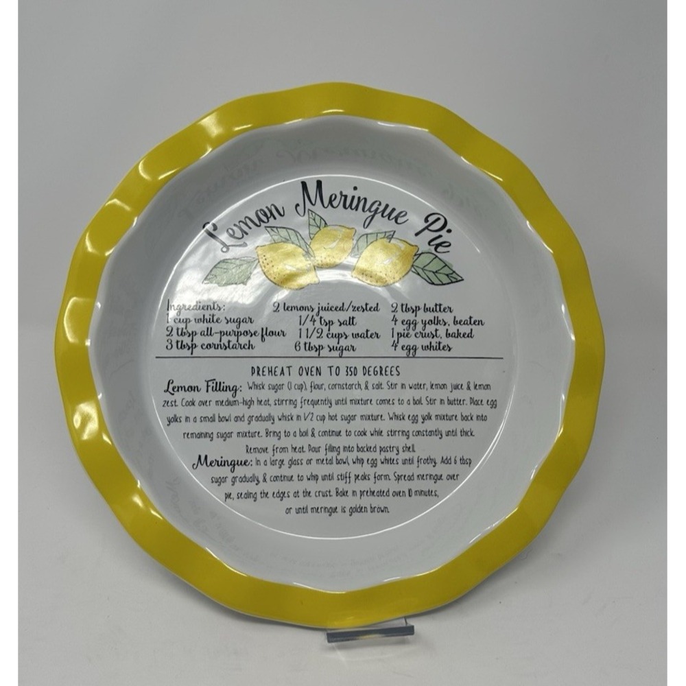 Lemon Meringue Pie Recipe Vintage 10 in Round Ceramic Pie Dish White Yellow Rim
